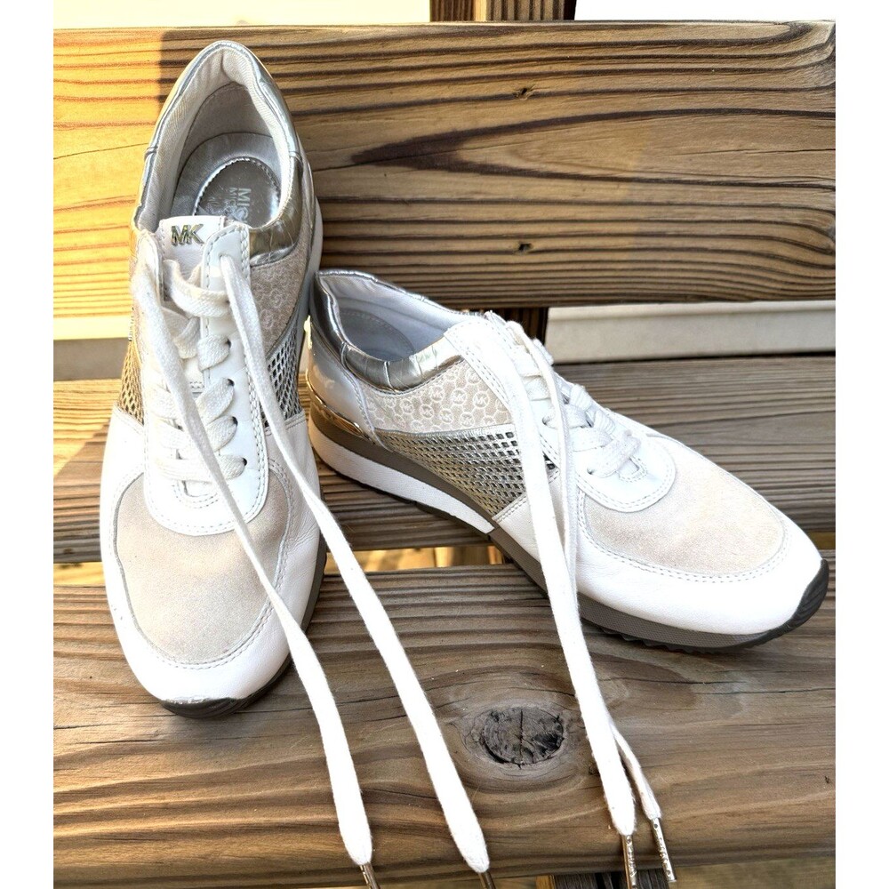 MICHAEL KORS Women's Allie White Cream & Sliver Wrap Trainer Sneakers Sz 8 M